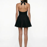Linen Trim Detail Mini Black Dress