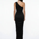 One-Shoulder Draped Black Maxi Dress