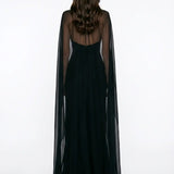 Jersey V-Neck Maxi Black Dress with Cape Detail